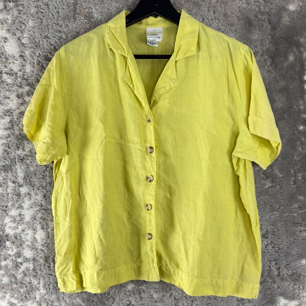 Koki Size XL Comfort Linen Casual Button Top Yellow Short Sleeve V Neck Casual
